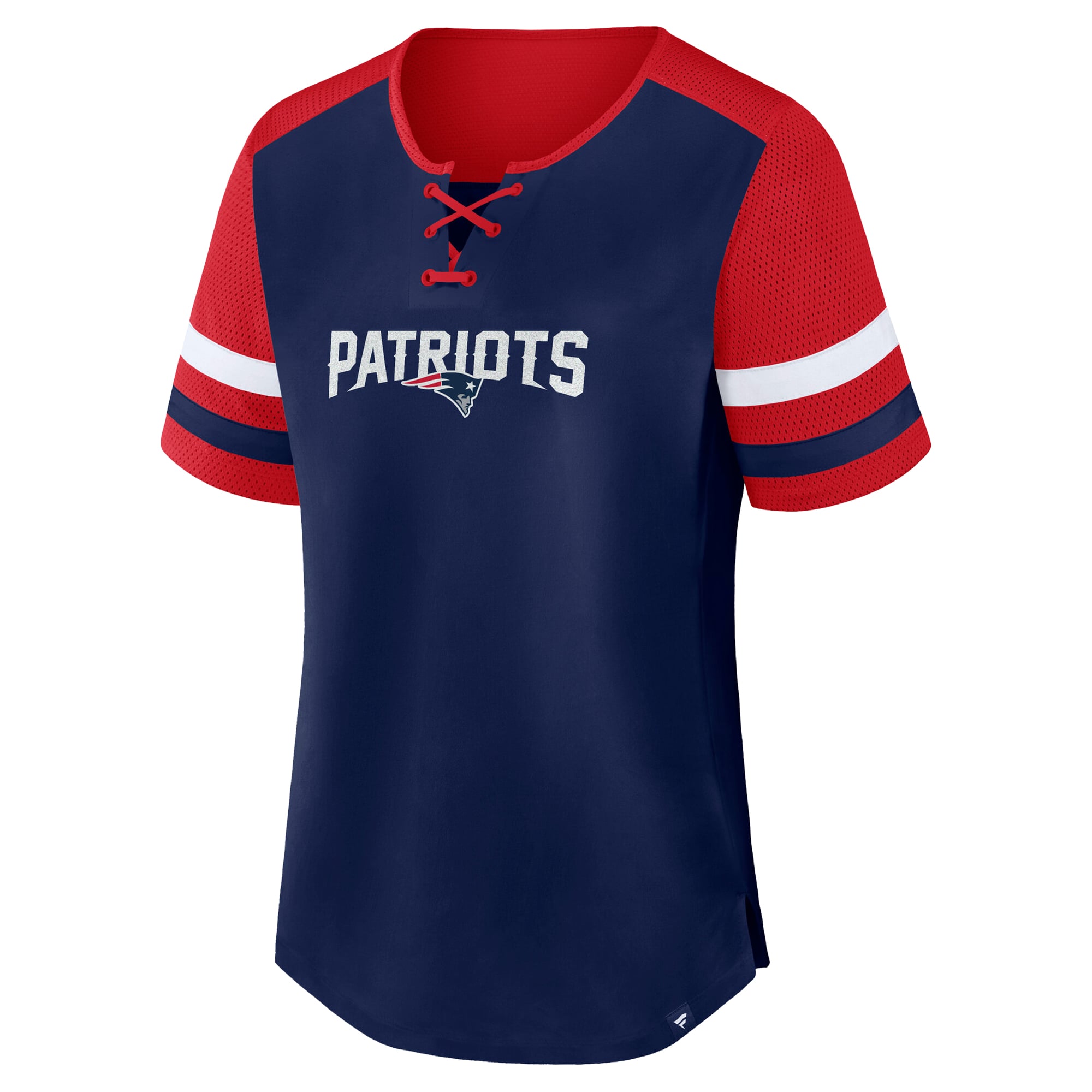 T-shirt à lacets rétro Curl Route pour femmes, bleu marine et rouge, New England Patriots, grandes tailles, de la marque Fanatics.